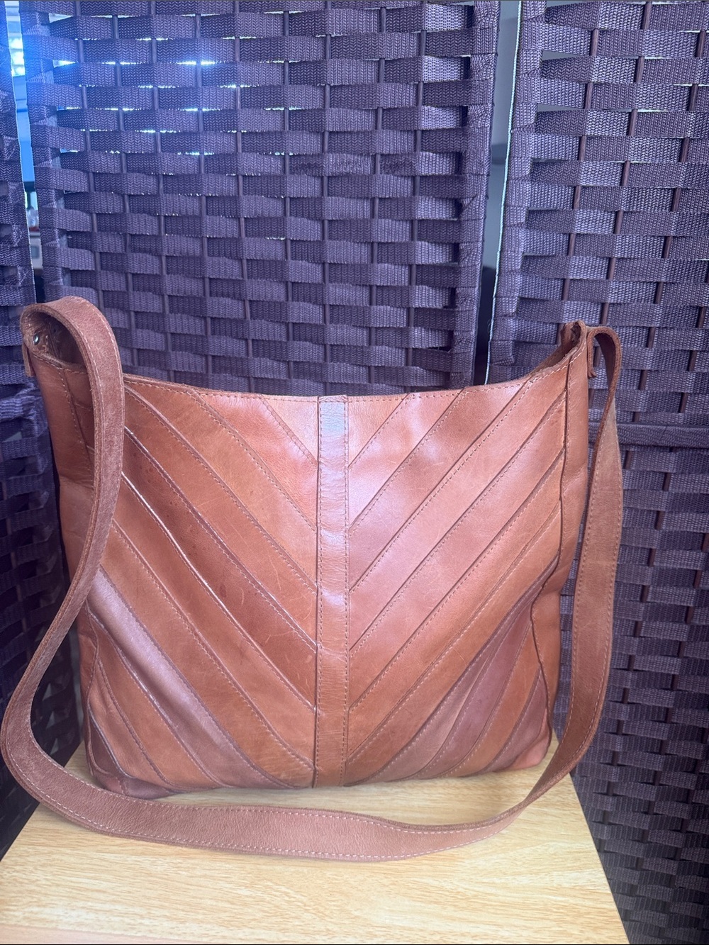 Raven + Lily Chevron-Stitched Leather Crossbody - Saddle Brown
